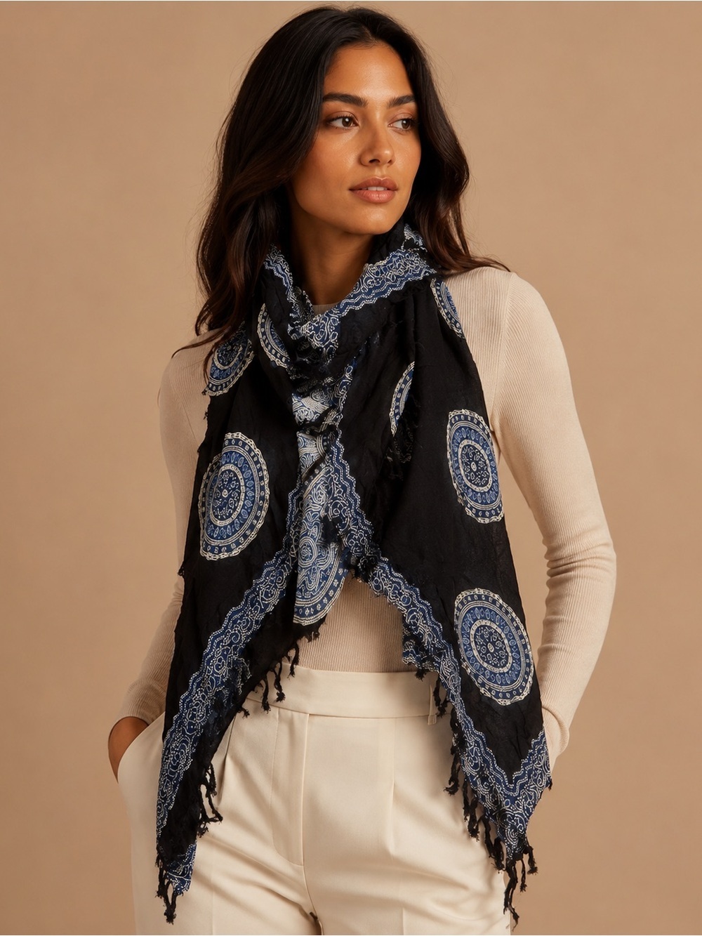 Black and Blue Medallion Pattern Scarf - Women's Accessory